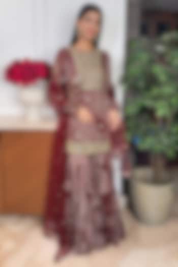 Maroon Georgette Abstract Jaal Printed Gharara Set by DiyaRajvvir at Pernia's Pop Up Shop