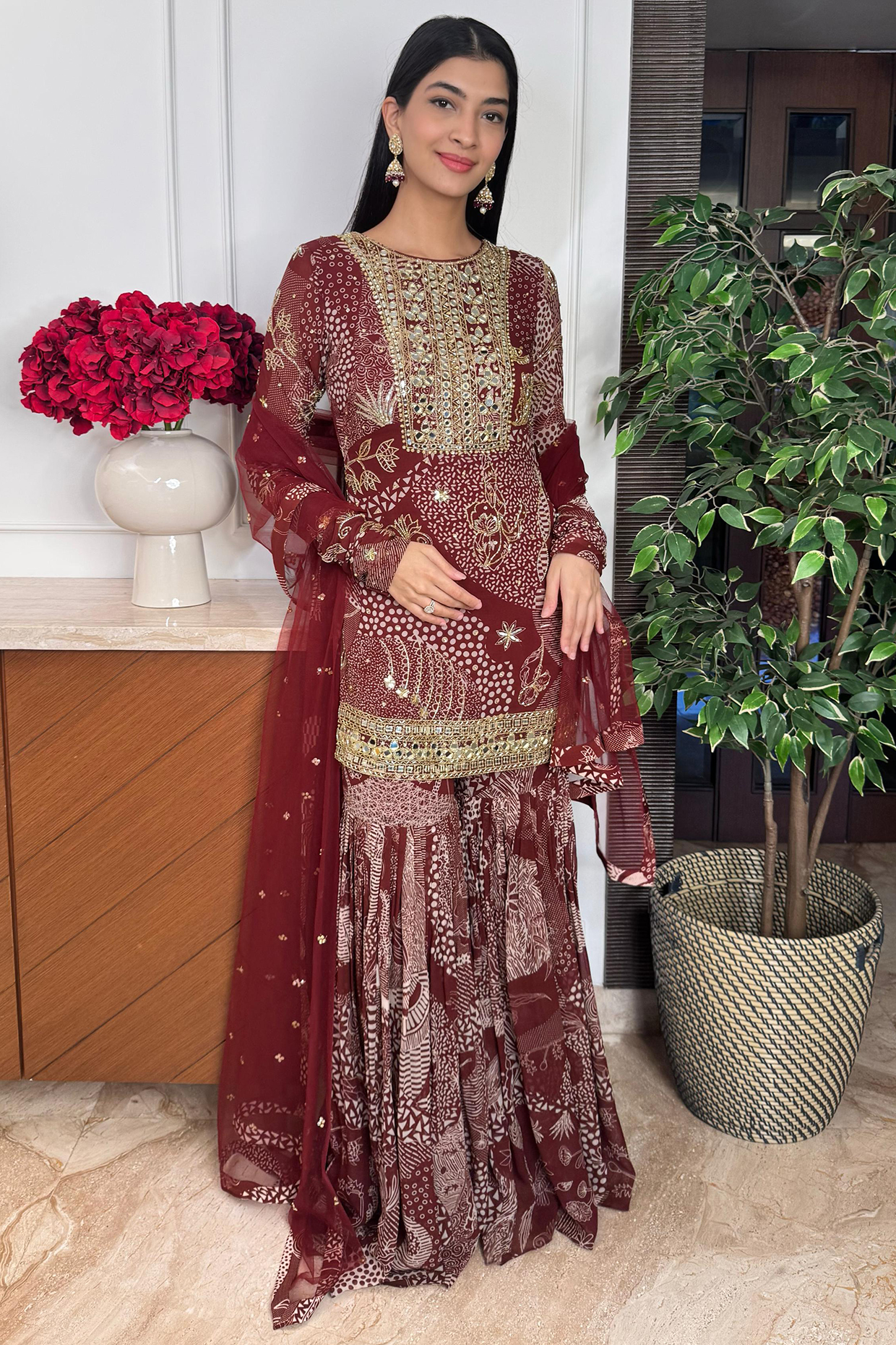 Maroon Georgette Abstract Jaal Printed Gharara Set by DiyaRajvvir at Pernia's Pop Up Shop