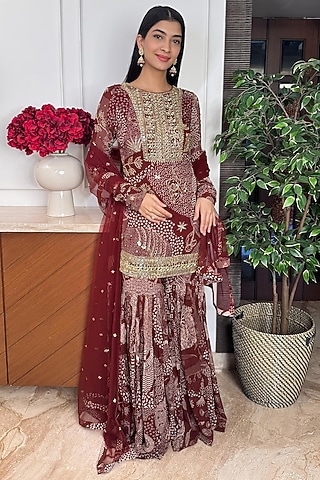 Maroon Georgette Abstract Jaal Printed Gharara Set by DiyaRajvvir