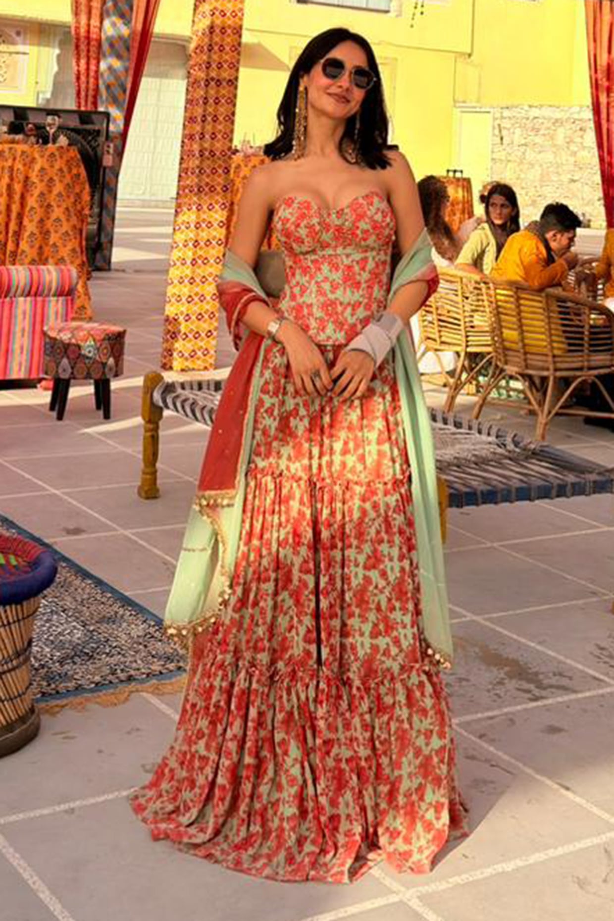 Rayasha Khan Green & Orange Georgette Floral Printed Gathered Lehenga Set