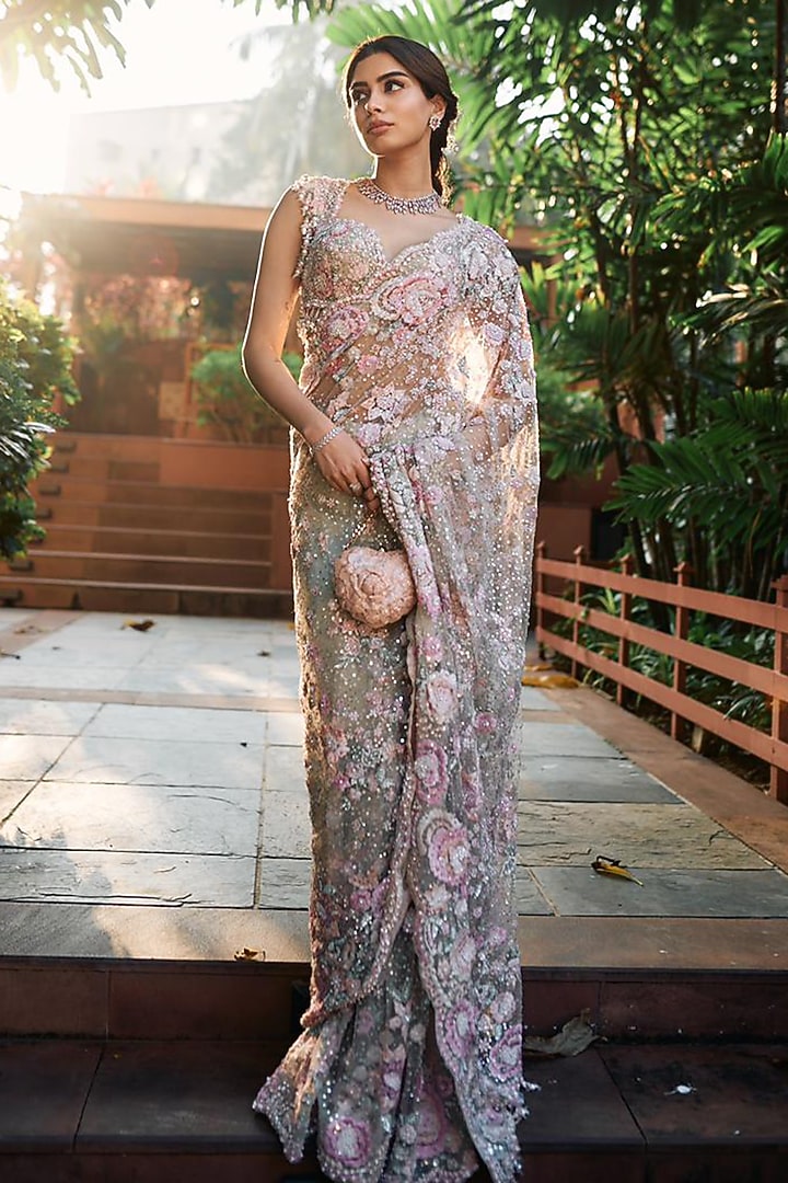 Mint Green Net Floral Sequins Embroidered Bridal Saree Set by Seema Gujral at Pernia's Pop Up Shop