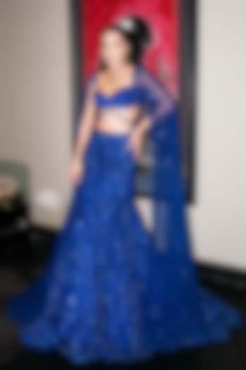 Electric Blue Tulle Embellished Bridal Lehenga Set by DiyaRajvvir at Pernia's Pop Up Shop