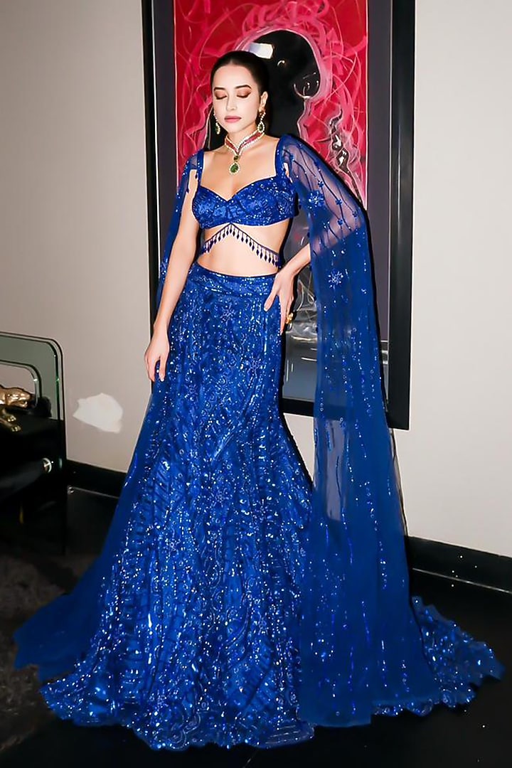 Electric Blue Tulle Embellished Bridal Lehenga Set by DiyaRajvvir at Pernia's Pop Up Shop