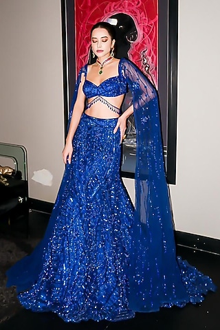 Electric Blue Tulle Embellished Lehenga Set by DiyaRajvvir