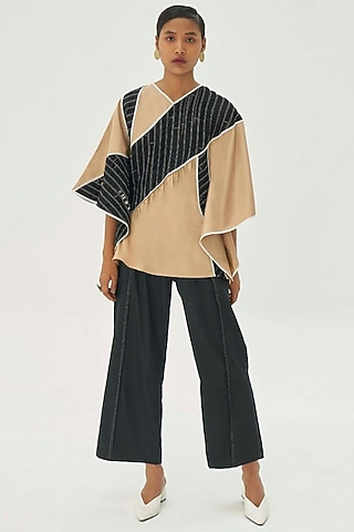 Black & Beige Handwoven Kaftan Top by Corpora Studio