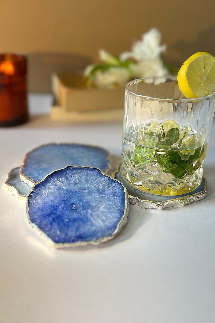 Blue Crystal Agate Silver Plated Coasters (Set of 4) by Home Jewels by Cotton Indya