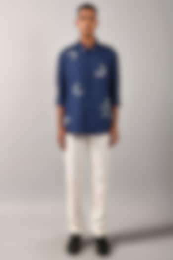 Navy Blue Cotton Satin Moon Hand Embroidered Party Wear Shirt by Countrymade at Pernia's Pop Up Shop