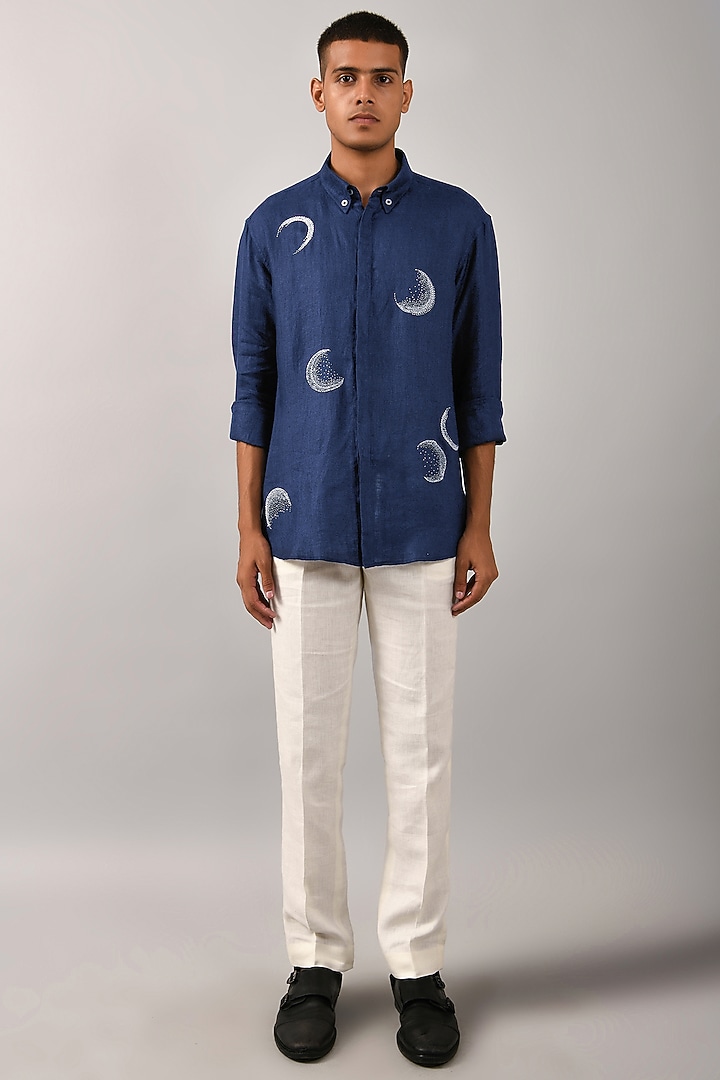 Navy Blue Cotton Satin Moon Hand Embroidered Party Wear Shirt by Countrymade at Pernia's Pop Up Shop