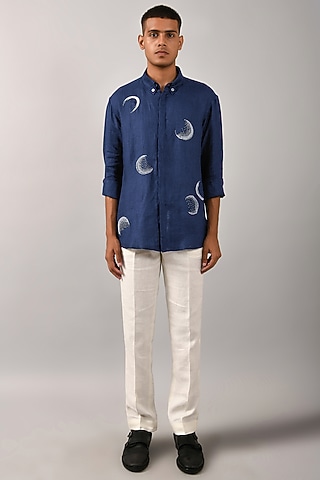 Navy Blue Cotton Satin Moon Hand Embroidered Shirt by Countrymade