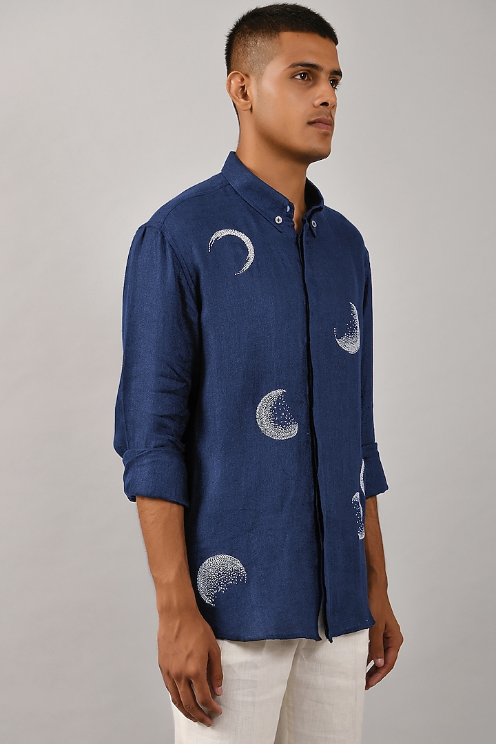 Navy Blue Cotton Satin Moon Hand Embroidered Party Wear Shirt by Countrymade at Pernia's Pop Up Shop