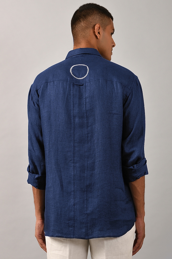 Navy Blue Cotton Satin Moon Hand Embroidered Party Wear Shirt by Countrymade at Pernia's Pop Up Shop