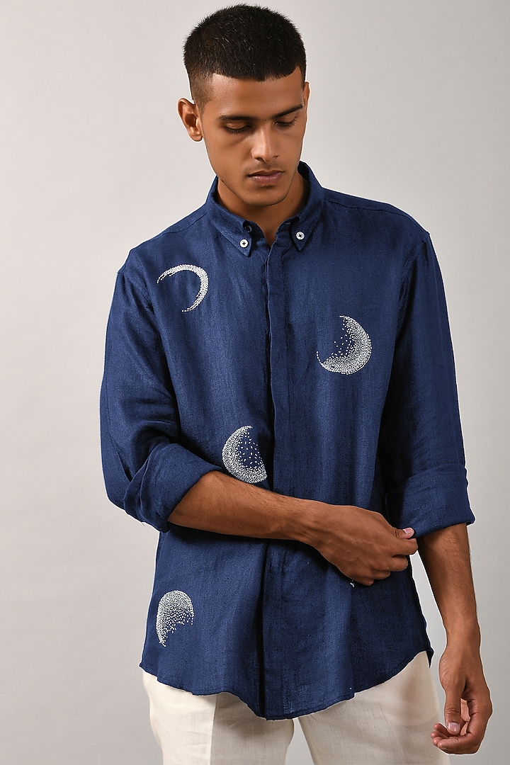 Navy Blue Cotton Satin Moon Hand Embroidered Party Wear Shirt by Countrymade at Pernia's Pop Up Shop