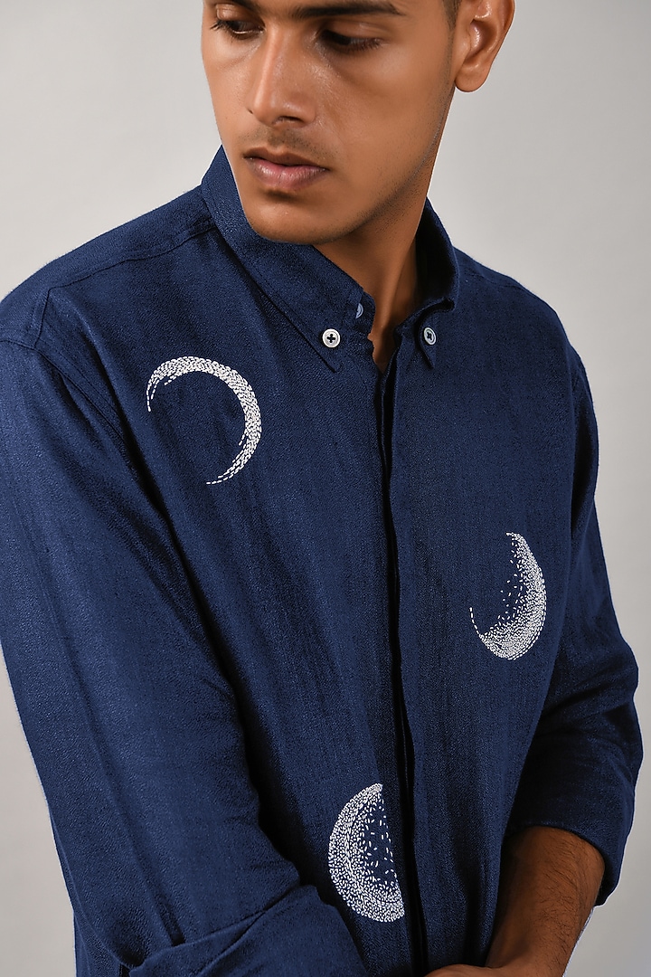 Navy Blue Cotton Satin Moon Hand Embroidered Party Wear Shirt by Countrymade at Pernia's Pop Up Shop
