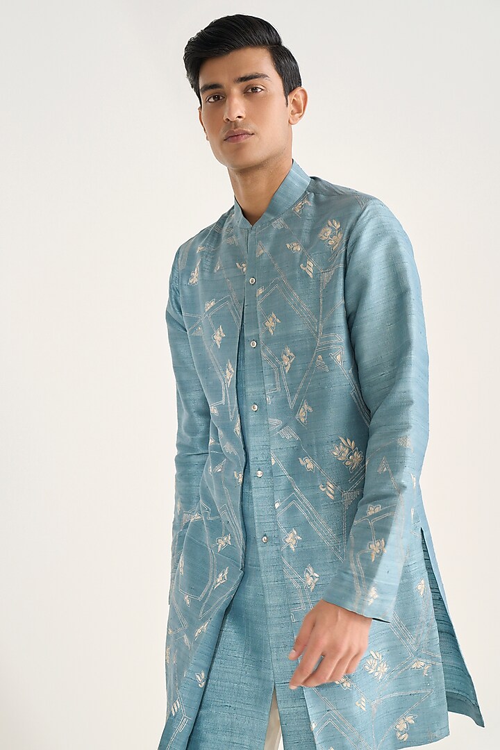 Nile Blue Raw Silk Embroidered Kurta Set by Dhruv Vaish at Pernia's Pop Up Shop