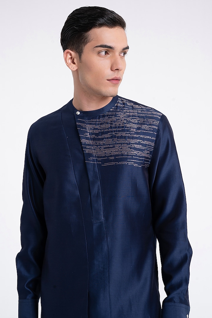 Navy Silk Zari Embroidered Kurta Set by Dhruv Vaish at Pernia's Pop Up Shop