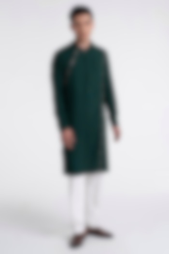 Bottle Green Cotton Silk Thread Embroidered Kurta Set by Dhruv Vaish at Pernia's Pop Up Shop