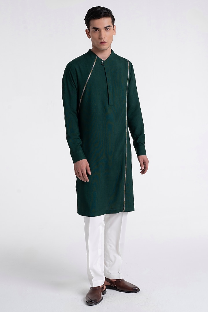 Bottle Green Cotton Silk Thread Embroidered Kurta Set by Dhruv Vaish at Pernia's Pop Up Shop