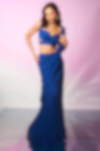 Cobalt Blue Georgette Draped Wedding Saree Set by Anshika Tak Label at Pernia's Pop Up Shop