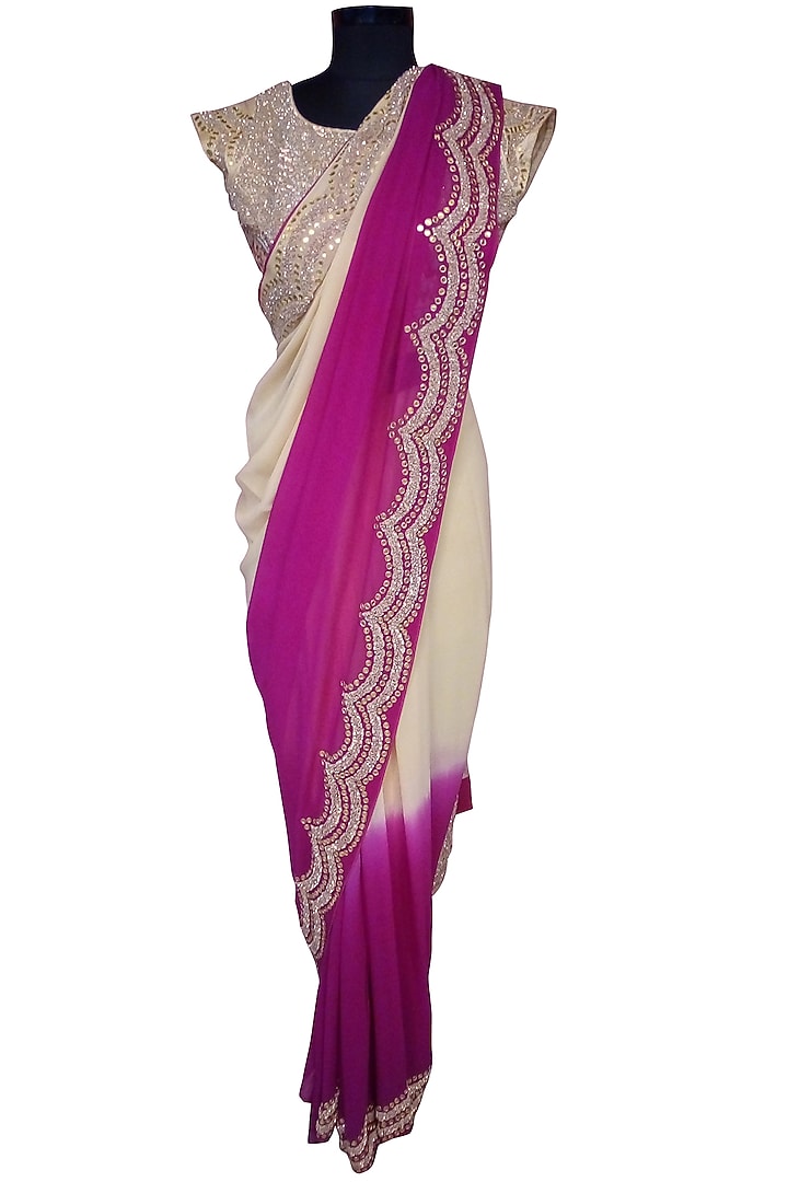 Pink & Cream Embroidery Wedding Saree Set by CHARU PARASHAR at Pernia's Pop Up Shop