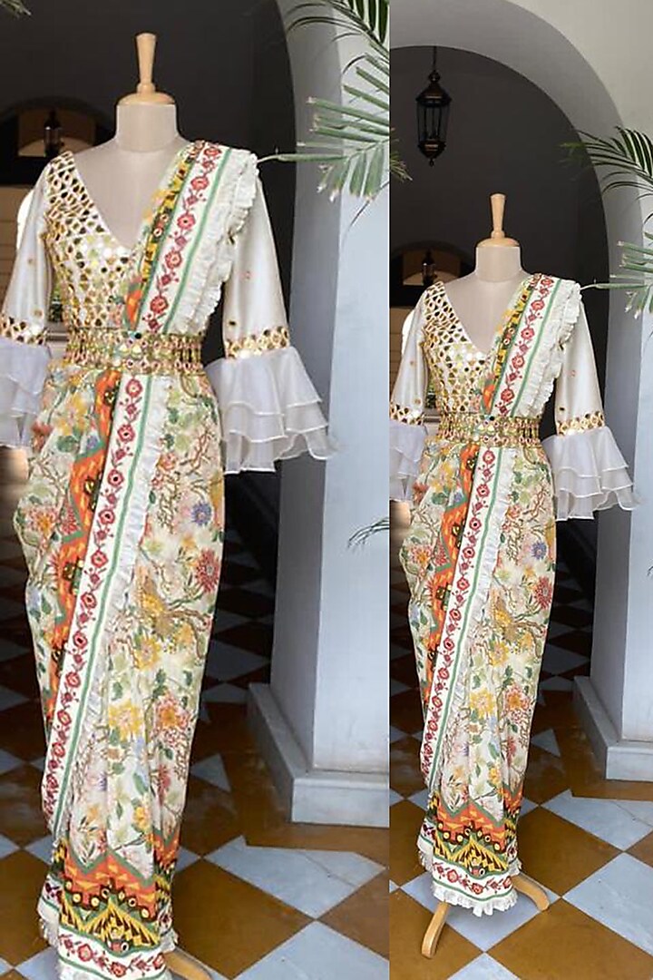 Cream Floral Printed Saree Set by CHARU PARASHAR at Pernia's Pop Up Shop