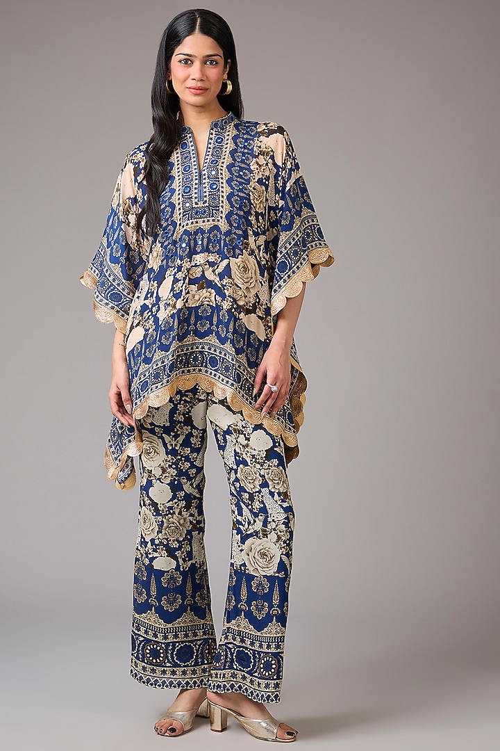 Blue & Ivory Crepe Floral Digital Printed Cape Set by CHARU PARASHAR at Pernia's Pop Up Shop