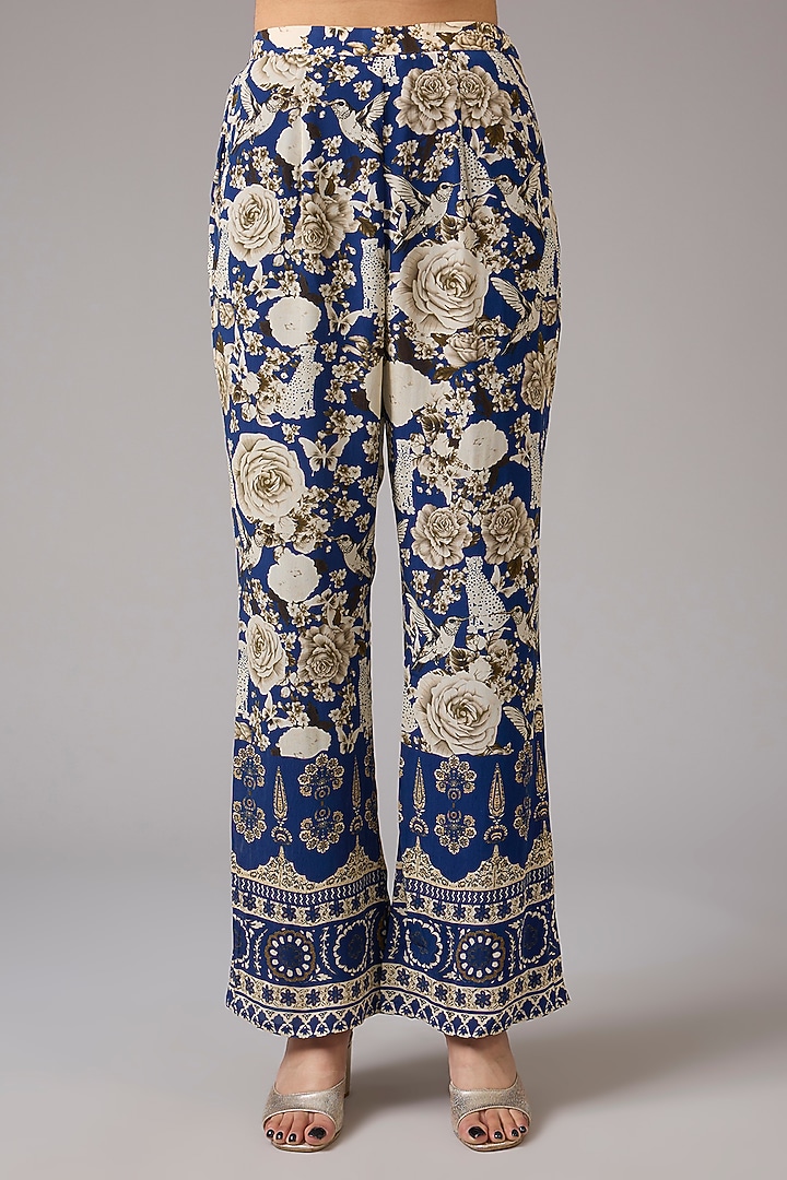 Blue & Ivory Crepe Floral Digital Printed Cape Set by CHARU PARASHAR at Pernia's Pop Up Shop