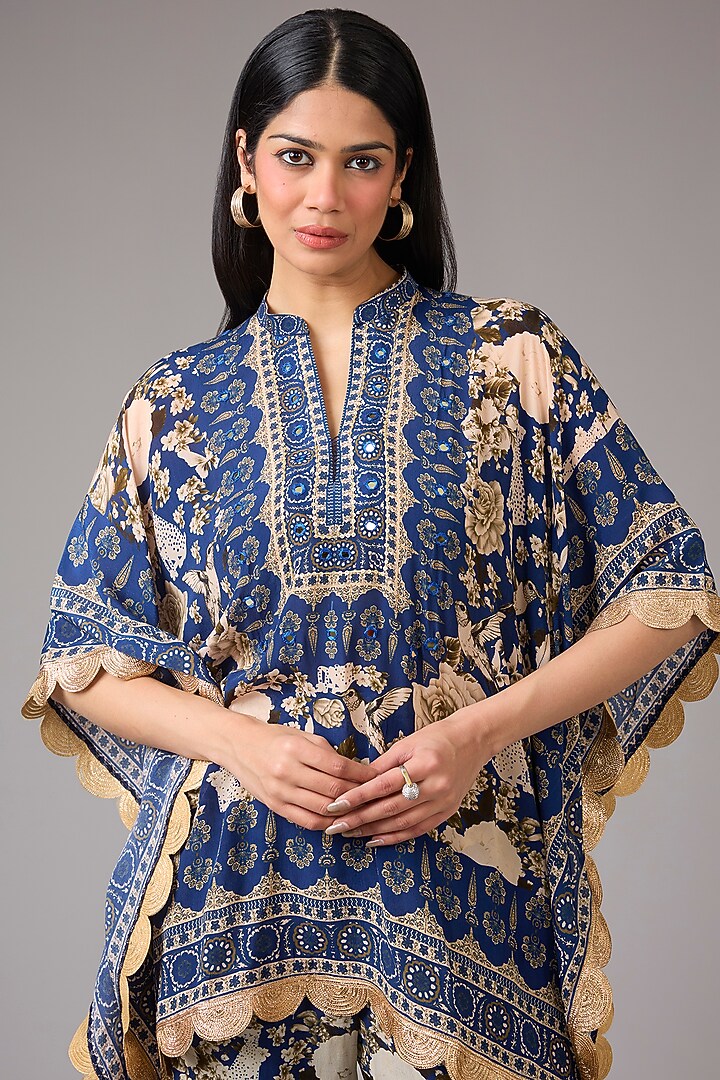 Blue & Ivory Crepe Floral Digital Printed Cape Set by CHARU PARASHAR at Pernia's Pop Up Shop