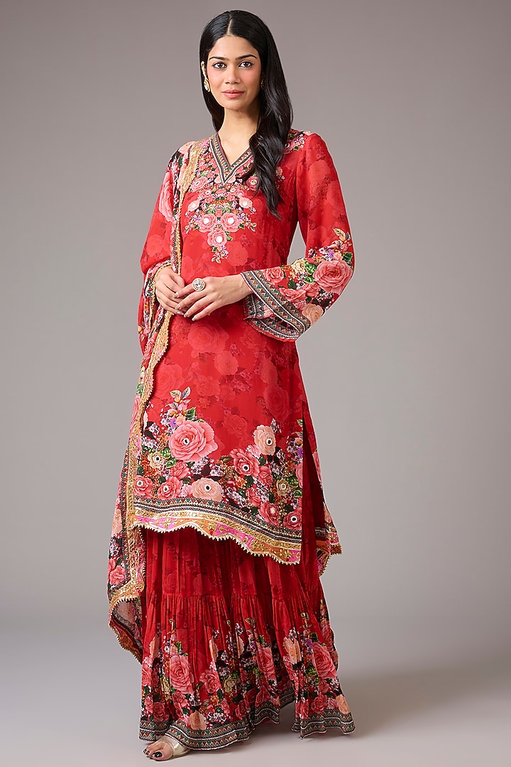 Red Georgette Floral Printed & Embellished Sharara Set by CHARU PARASHAR at Pernia's Pop Up Shop