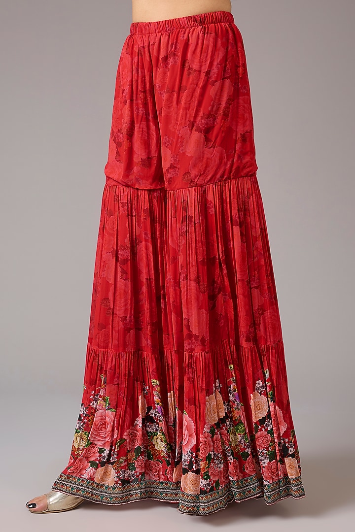 Red Georgette Floral Printed & Embellished Wedding Sharara Set by CHARU PARASHAR at Pernia's Pop Up Shop