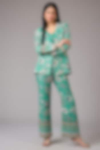 Sea Green Crepe Floral Printed & Embellished Blazer Set by CHARU PARASHAR at Pernia's Pop Up Shop