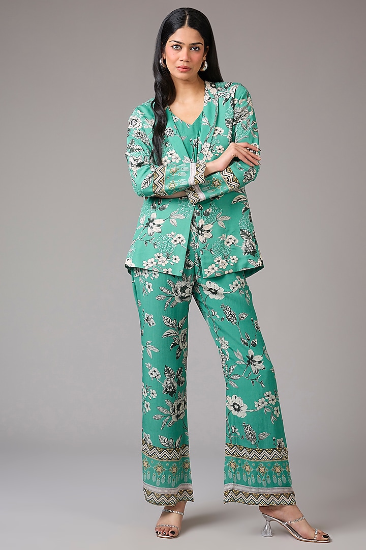 Sea Green Crepe Floral Printed & Embellished Blazer Set by CHARU PARASHAR at Pernia's Pop Up Shop