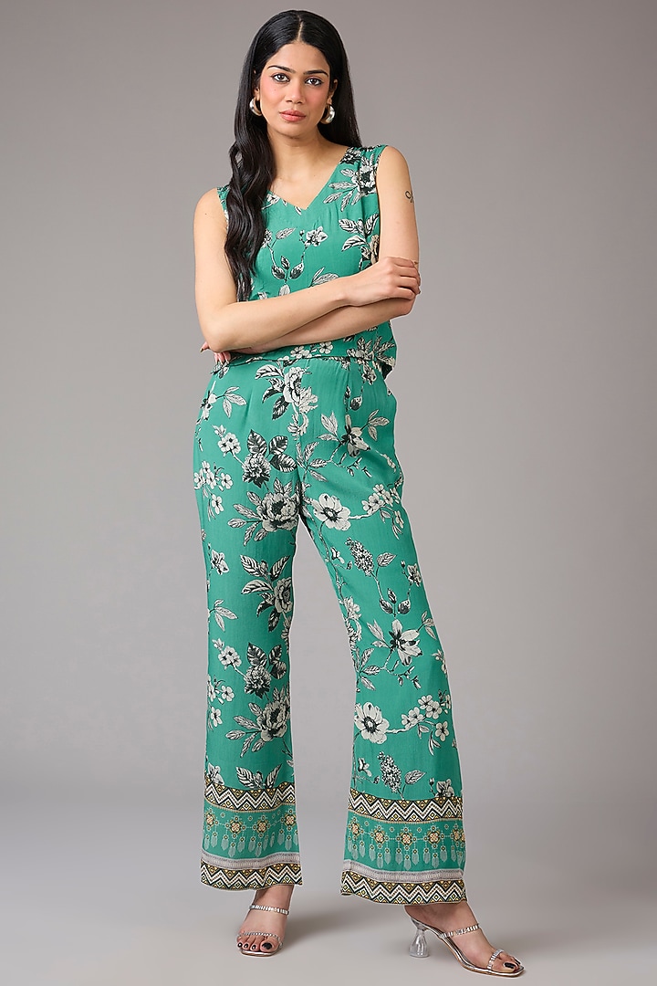 Sea Green Crepe Floral Printed & Embellished Blazer Set by CHARU PARASHAR at Pernia's Pop Up Shop