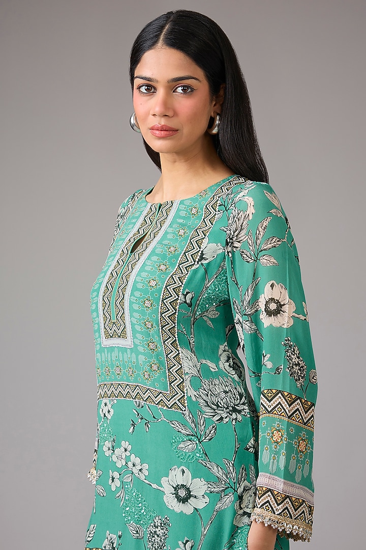 Sea Green Crepe Floral Printed & Embellished Kurta Set by CHARU PARASHAR at Pernia's Pop Up Shop