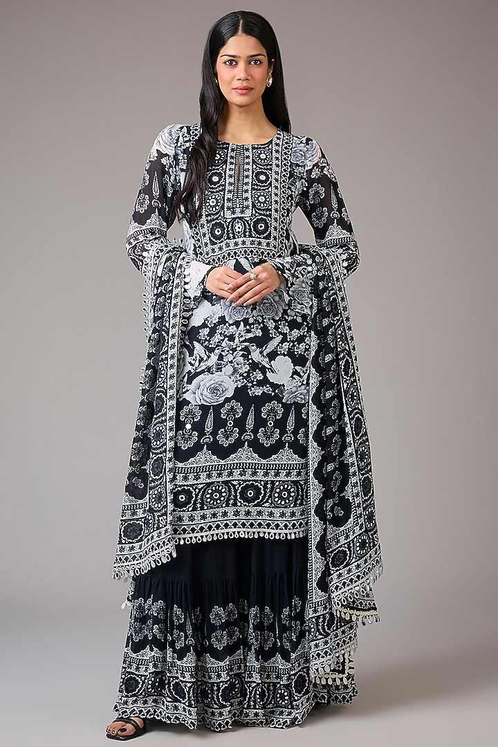 Black & Ivory Georgette Floral Printed & Embellished Sharara Set by CHARU PARASHAR at Pernia's Pop Up Shop