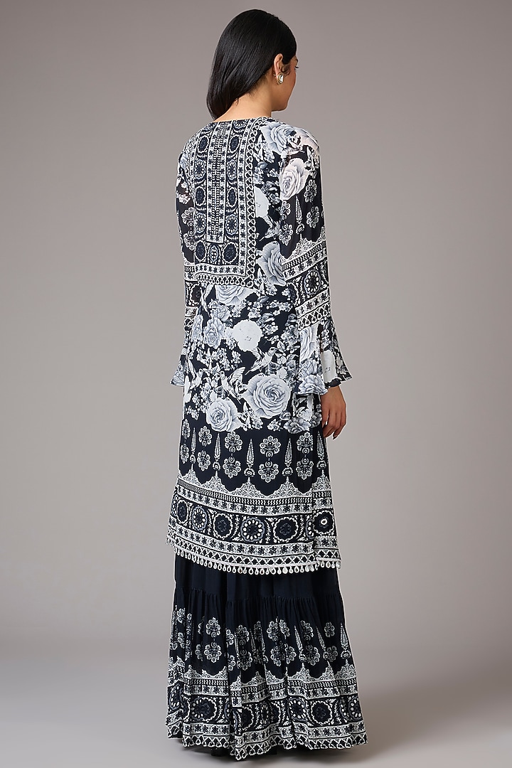 Black & Ivory Georgette Floral Printed & Embellished Wedding Sharara Set by CHARU PARASHAR at Pernia's Pop Up Shop