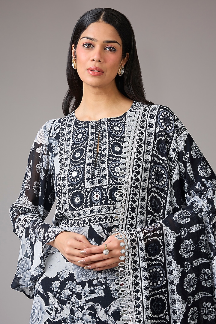 Black & Ivory Georgette Floral Printed & Embellished Wedding Sharara Set by CHARU PARASHAR at Pernia's Pop Up Shop