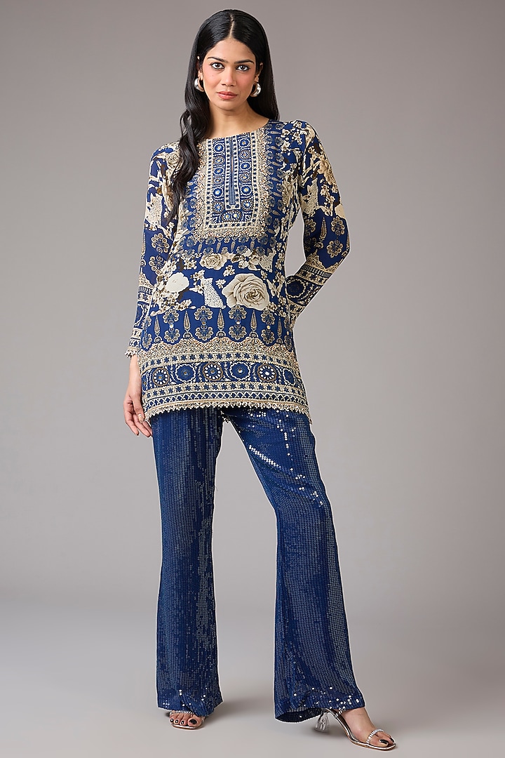 Navy Blue Crepe Digital Floral Printed Kurta Set by CHARU PARASHAR at Pernia's Pop Up Shop