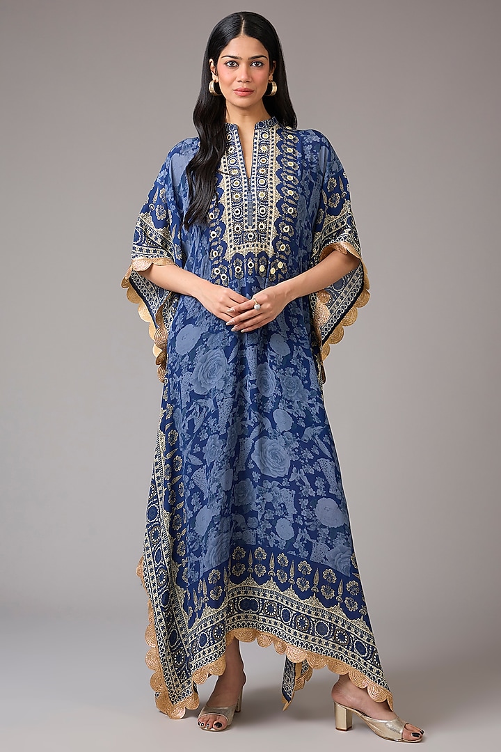 Navy Blue Crepe Embellished & Printed Kaftan Dress by CHARU PARASHAR at Pernia's Pop Up Shop