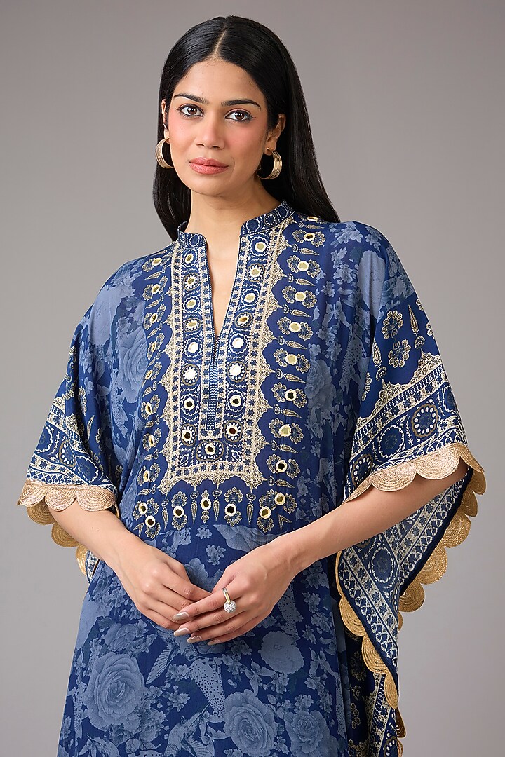 Navy Blue Crepe Embellished & Printed Kaftan Dress by CHARU PARASHAR at Pernia's Pop Up Shop
