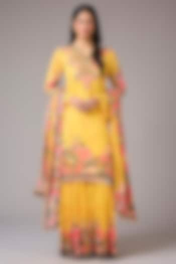 Yellow Georgette Floral Printed & Embellished Sharara Set by CHARU PARASHAR at Pernia's Pop Up Shop