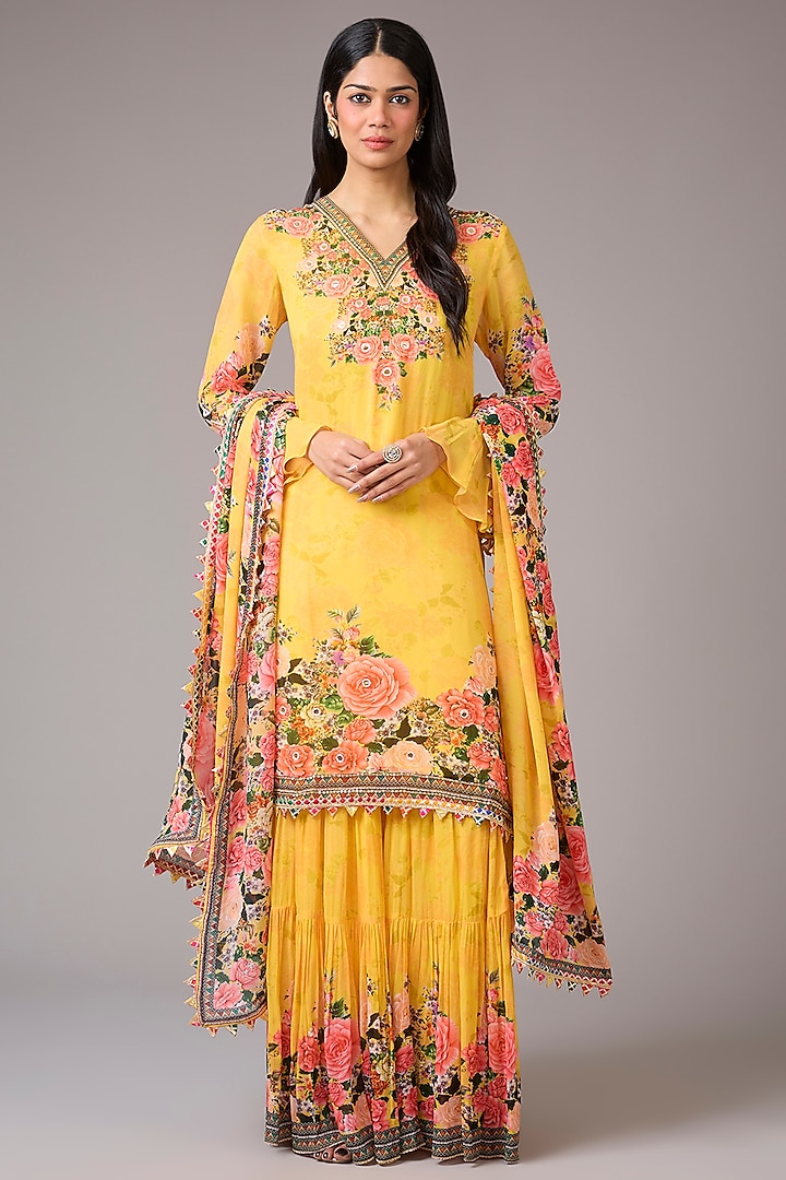 Yellow Georgette Floral Printed & Embellished Sharara Set by CHARU PARASHAR at Pernia's Pop Up Shop