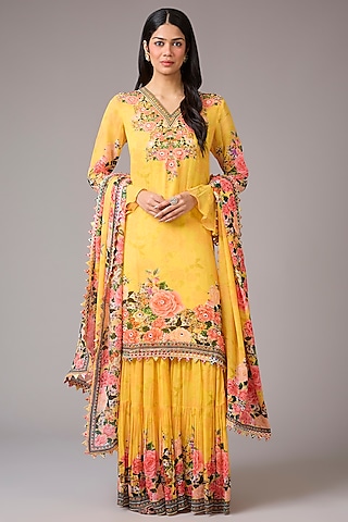 Yellow Georgette Floral Printed & Embellished Sharara Set by CHARU PARASHAR