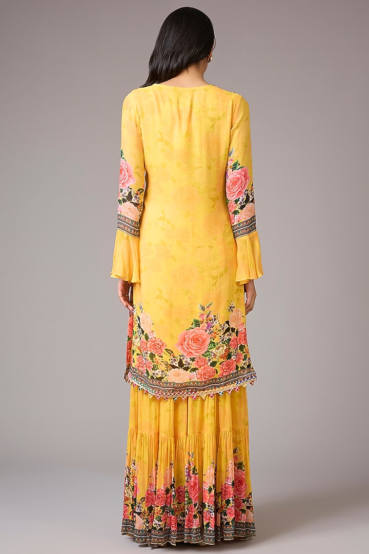 Yellow Georgette Floral Printed & Embellished Wedding Sharara Set by CHARU PARASHAR at Pernia's Pop Up Shop