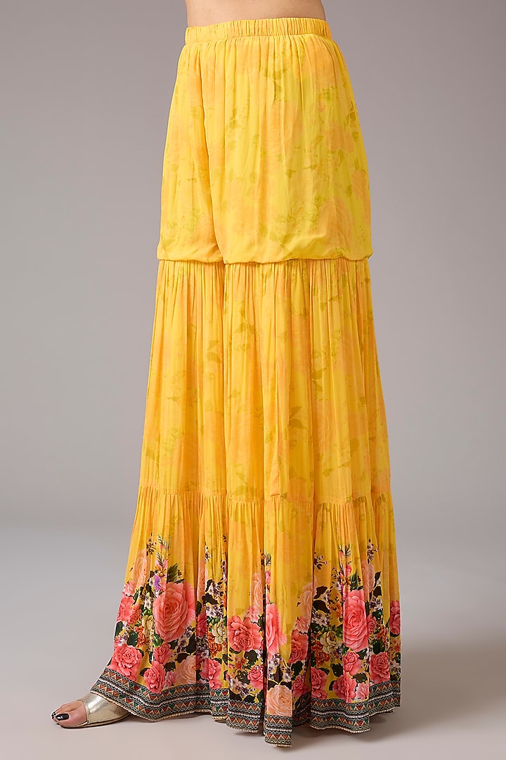 Yellow Georgette Floral Printed & Embellished Wedding Sharara Set by CHARU PARASHAR at Pernia's Pop Up Shop
