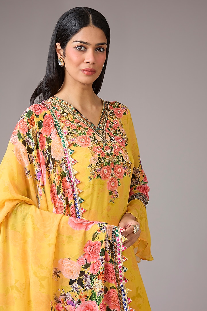 Yellow Georgette Floral Printed & Embellished Wedding Sharara Set by CHARU PARASHAR at Pernia's Pop Up Shop