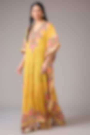 Yellow Crepe Embellished & Floral Printed Kaftan Dress by CHARU PARASHAR at Pernia's Pop Up Shop