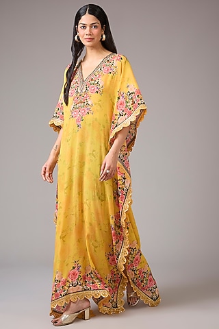 Yellow Crepe Embellished & Floral Printed Kaftan Dress by CHARU PARASHAR