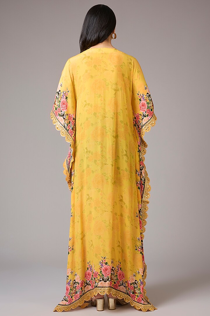 Yellow Crepe Embellished & Floral Printed Kaftan Dress by CHARU PARASHAR at Pernia's Pop Up Shop