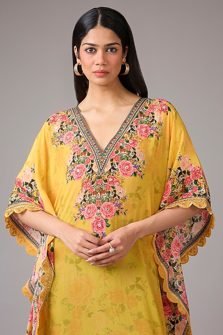 Yellow Crepe Embellished & Floral Printed Kaftan Dress by CHARU PARASHAR at Pernia's Pop Up Shop
