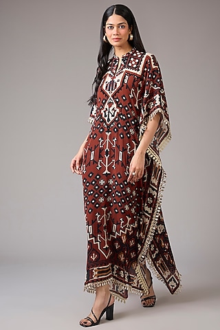 Deep Maroon Crepe Embellished & Digital Carpet Printed Kaftan Dress by CHARU PARASHAR